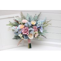 Small wedding bouquet in dusty blue, dusty pink and peach colors. Bridal bouquet. Faux bouquet. Bridesmaid bouquet. 5264