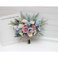 Small wedding bouquet in dusty blue, dusty pink and peach colors. Bridal bouquet. Faux bouquet. Bridesmaid bouquet. 5264