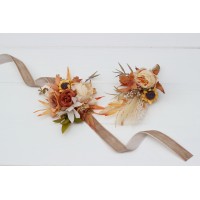  Wedding boutonnieres and wrist corsage  in orange rust beige color scheme. Flower accessories.5134