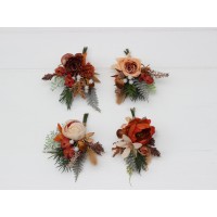  Wedding boutonnieres and wrist corsage  in  ivory rust color scheme. Flower accessories. 5262