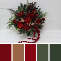 Winter pine bouquet. Red protea bouquet. Faux cones bouquet. Classic wedding. Vine silk flowers. Red green color scheme. Hunter green bouquet. 5117