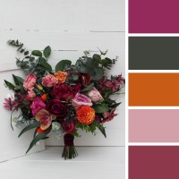 Jewel-tone wedding. Emerald green orange pink magenta flowers. Bridal bouquet. Faux bouquet. Bridesmaid bouquet. 5127