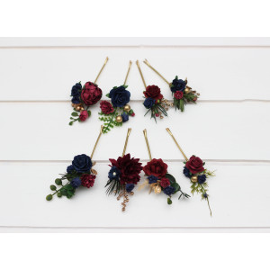  Set of 8 bobby pins in burgundy  navy blue and gold  color scheme. Hair accessories. Flower accessories for wedding.  0031