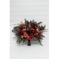 Wedding bouquets in deep red and сoral colors. Bridal bouquet. Cascading bouquet. Faux bouquet. Bridesmaid bouquet. 5268