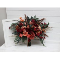 Wedding bouquets in deep red and сoral colors. Bridal bouquet. Cascading bouquet. Faux bouquet. Bridesmaid bouquet. 5268