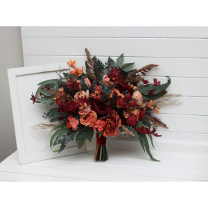 Wedding bouquets in deep red and сoral colors. Bridal bouquet. Cascading bouquet. Faux bouquet. Bridesmaid bouquet. 5268
