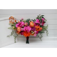 Wedding bouquets in bright orange and magenta colors. Bridal bouquet. Cascading bouquet. Faux bouquet. Bridesmaid bouquet. 5269