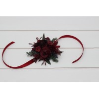  Wedding boutonnieres and wrist corsage  in deep burgundy color scheme. Flower accessories. 5230