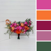 Wedding bouquets in bright orange and magenta colors. Bridal bouquet. Cascading bouquet. Faux bouquet. Bridesmaid bouquet. 5269