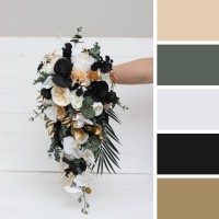 Wedding bouquets in black gold white colors. Bridal bouquet. Cascading bouquet. Faux bouquet. Bridesmaid bouquet.Gothic black wedding bouquet. 5065