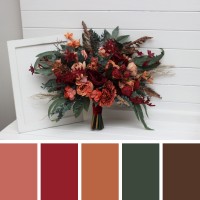 Wedding bouquets in deep red and сoral colors. Bridal bouquet. Cascading bouquet. Faux bouquet. Bridesmaid bouquet. 5268