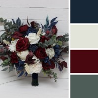 Wedding bouquets in burgundy ivory navy blue colors. Bridal bouquet. Cascading bouquet. Faux bouquet. Bridesmaid bouquet. 5097