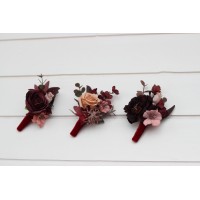  Wedding boutonnieres and wrist corsage  in burgundy dusty rose color scheme. Flower accessories. 5270