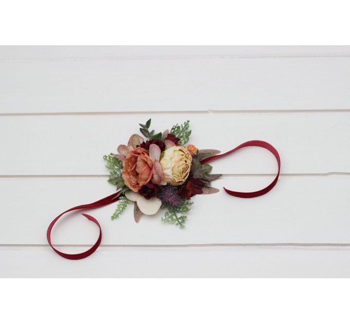  Wedding boutonnieres and wrist corsage  in burgundy ivory dusty rose color scheme. Flower accessories. 5144