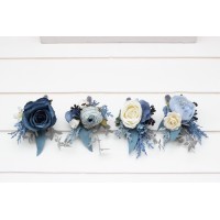  Wedding boutonnieres and wrist corsage  in dusty blue white ivory gray color scheme. Flower accessories. 5263