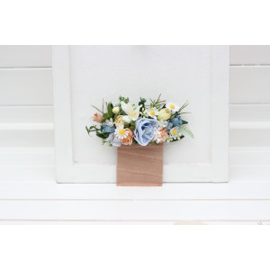 Pocket boutonniere in ivory yellow peach dusty blue color scheme. Flower accessories. Pocket flowers. Square flowers. 5247