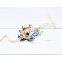  Wedding boutonnieres and wrist corsage  in ivory yellow peach dusty blue color scheme. Flower accessories. 5247