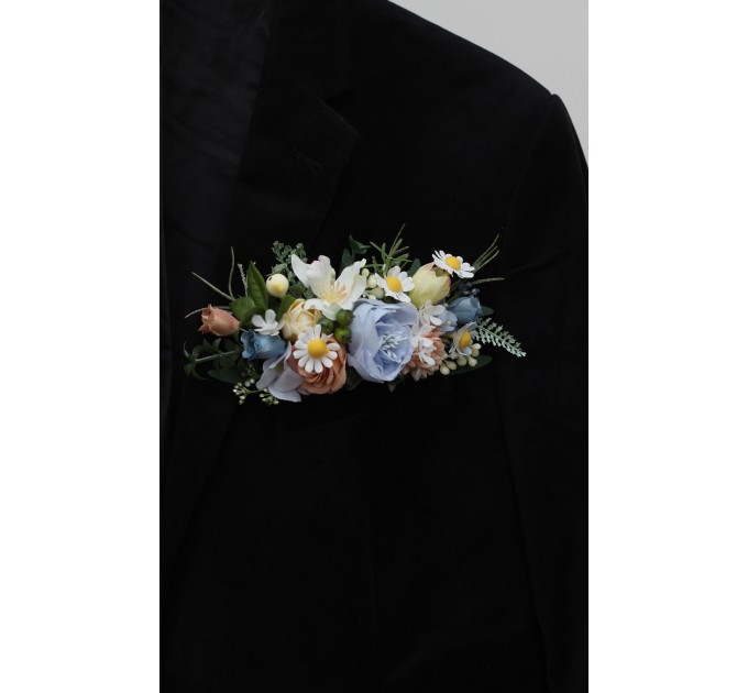 Pocket boutonniere in ivory yellow peach dusty blue color scheme. Flower accessories. Pocket flowers. Square flowers. 5247