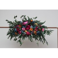  Flower arch arrangement in jewel-tone color scheme.  Arbor flowers. Floral archway. Faux flowers for wedding arch. 5187