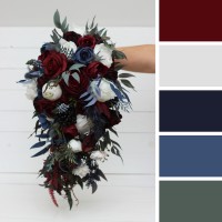 Wedding bouquet in burgundy white navy blue colors. Bridal bouquet. Cascading bouquet. Faux bouquet. Bridesmaid bouquet. 5051