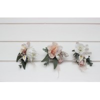  Wedding boutonnieres and wrist corsage  in white blush pink color scheme. Flower accessories. 5204