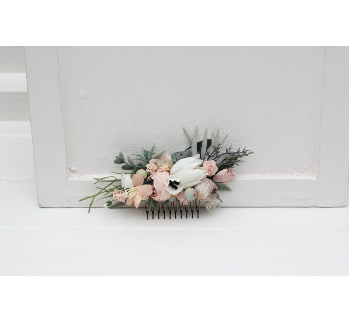 Flower comb in beige white gray blush pink color scheme. Wedding accessories for hair. Bridal flower comb. Bridesmaid floral comb. 5261