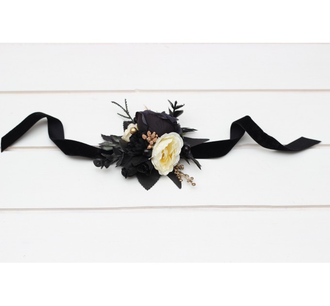  Wedding boutonnieres and wrist corsage  in ivory black gold color scheme. Flower accessories. 5159