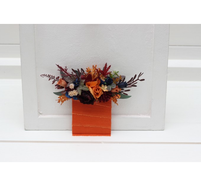 Pocket boutonniere in rust orange burgundy navy blue color scheme. Flower accessories. Pocket flowers. Square flowers. 0043