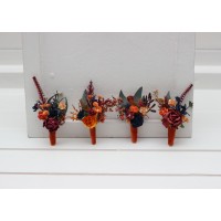  Wedding boutonnieres and wrist corsage  in orange burgundy navy blue  color scheme. Flower accessories. 0045