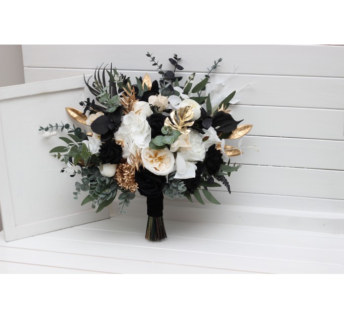 Wedding bouquets in black gold white colors. Bridal bouquet. Cascading bouquet. Faux bouquet. Bridesmaid bouquet.Gothic black wedding bouquet. 5065