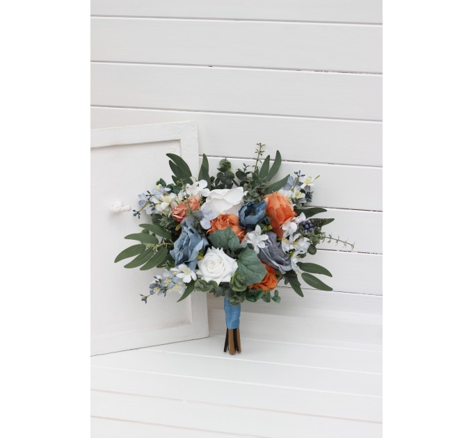 Spring summer wedding. White terracotta dusty blue flowers. Faux bouquet. Bridal bouquet. Silk flowers. Boho wedding. Cascading bouquet. Bridesmaid bouquet. 5227
