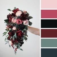 Wedding bouquets in burgundy black pink colors. Bridal bouquet. Cascading bouquet. Faux bouquet. Bridesmaid bouquet. 5020