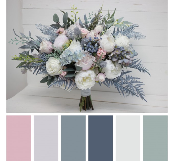 Wedding bouquets in dusty blue pink white colors. Bridal bouquet. Cascading bouquet. Faux bouquet. Bridesmaid bouquet. 5032
