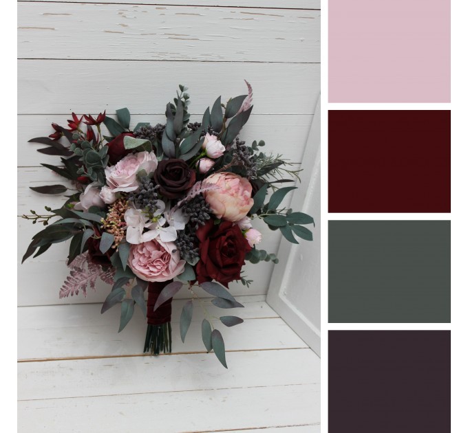 Wedding bouquets in burgundy dusty pink colors. Bridal bouquet. Cascading bouquet. Faux bouquet. Bridesmaid bouquet. 5019