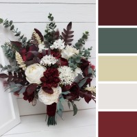 Wedding bouquets in burgundy ivory colors. Bridal bouquet. Cascading bouquet. Faux bouquet. Bridesmaid bouquet. 0040