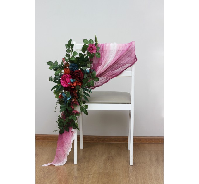 Aisle flowers in jewel-tone scheme. Chair flowers. Sign flowers. Wedding flowers. Flowers for wedding decor. 5187