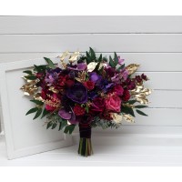 Bouquets in purple magenta gold color theme. Bridal bouquet. Faux bouquet. Bridesmaid bouquet. 5273