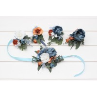  Wedding boutonnieres and wrist corsage  in white terracotta dusty blue color scheme. Flower accessories. 5227