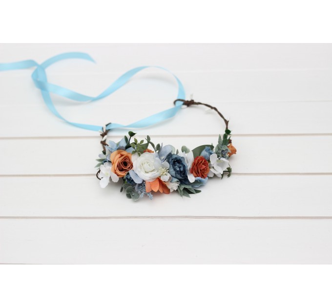 White terracotta dusty blue  flower crown. Hair wreath. Flower girl crown. Wedding flowers. 5227