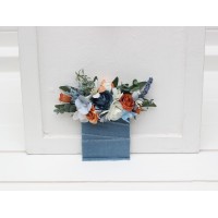 Pocket boutonniere in white terracotta dusty blue color scheme. Flower accessories. Pocket flowers. Square flowers. 5227