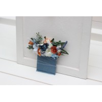 Pocket boutonniere in white terracotta dusty blue color scheme. Flower accessories. Pocket flowers. Square flowers. 5227