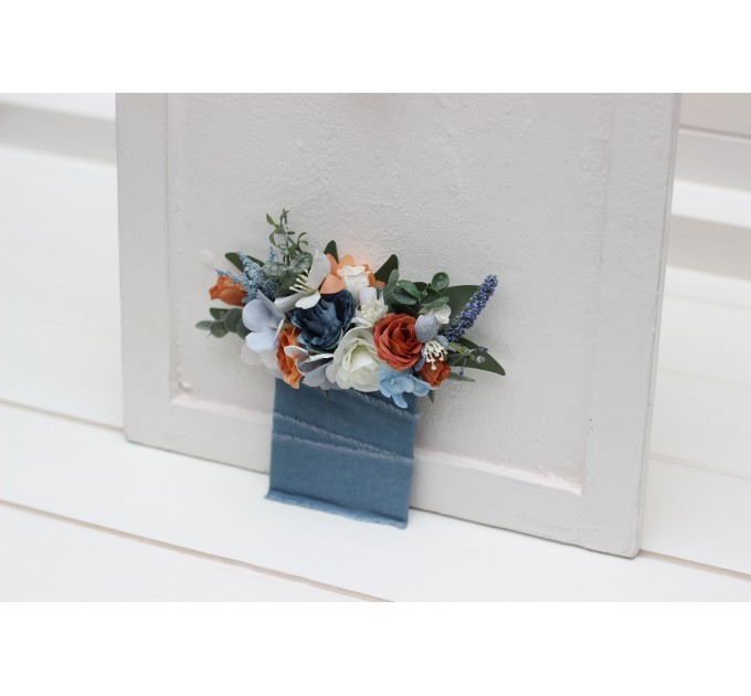 Pocket boutonniere in white terracotta dusty blue color scheme. Flower accessories. Pocket flowers. Square flowers. 5227