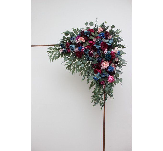  Flower arch arrangement in jewel-tone color scheme. Emerald green purple magenta teal navy blue colors.  Arbor flowers. Floral archway. Faux flowers for wedding arch. 5055