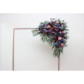  Flower arch arrangement in jewel-tone color scheme. Emerald green purple magenta teal navy blue colors.  Arbor flowers. Floral archway. Faux flowers for wedding arch. 5055