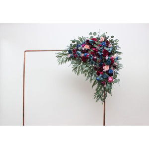  Flower arch arrangement in jewel-tone color scheme. Emerald green purple magenta teal navy blue colors.  Arbor flowers. Floral archway. Faux flowers for wedding arch. 5055