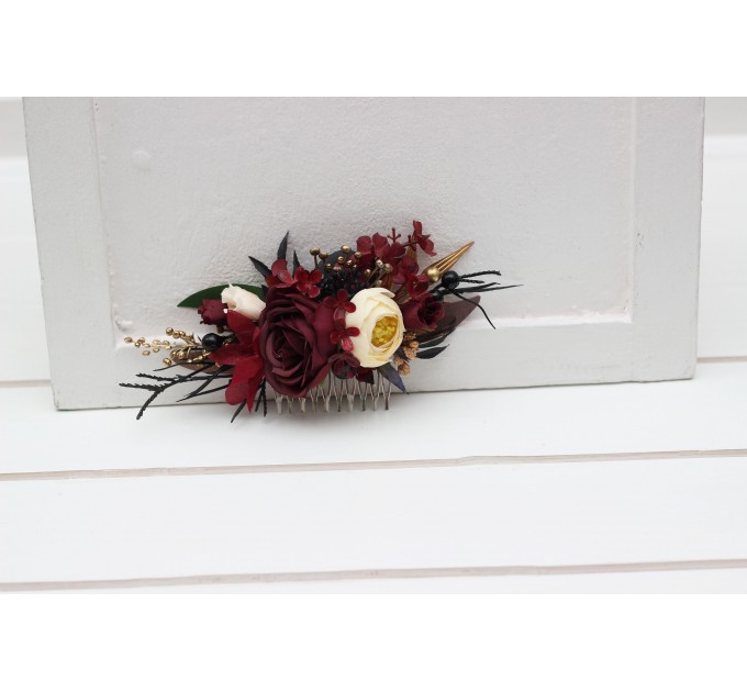 Flower comb in burgundy black gold ivory color scheme. Wedding accessories for hair. Bridal flower comb. Bridesmaid floral comb. 0032