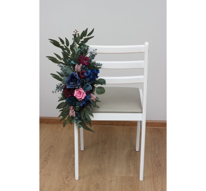 Aisle flowers in navy blue purple magenta teal scheme. Chair flowers. Sign flowers. Wedding flowers. Flowers for wedding decor. Jewel tone wedding theme. 5055
