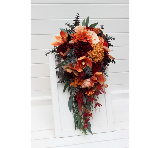 Wedding bouquets in burnt orange red burgundy colors. Bridal bouquet. Cascading bouquet. Faux bouquet. Bridesmaid bouquet. 5103