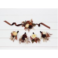  Wedding boutonnieres and wrist corsage  in terracotta brown gold cream color scheme. Flower accessories. 5105