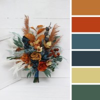 Wedding bouquets in dark teal rust ivory colors. Navy blue orange flowers.Bridal bouquet.Cascading bouquet. Faux bouquet. Bridesmaid bouquet. 0034